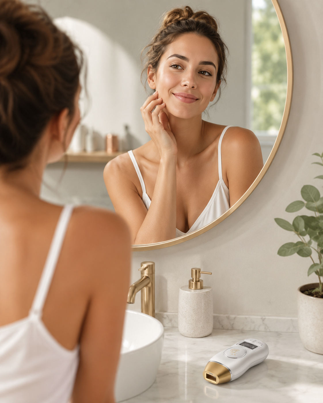 Woman smiling at bathroom mirror with IPL on counter — portrait 10